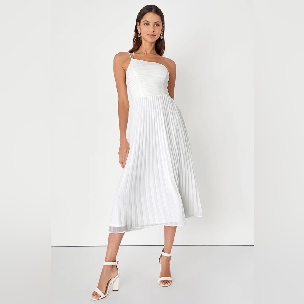 NWOT Lulus Wondrous Muse White Pleated One-Shoulder Plisse Midi Dress